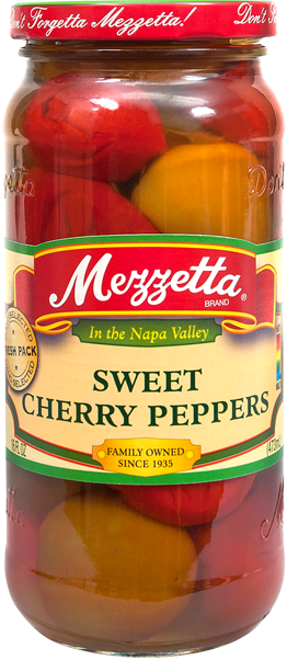 Mezzetta whole sweet cherry peppers in clear glass jar