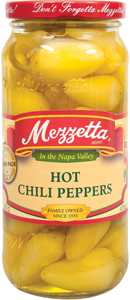 Mezzetta hot chili peppers in clear jar with red label