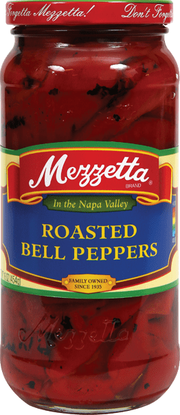 Mezzetta roasted bell peppers jar in clear glass